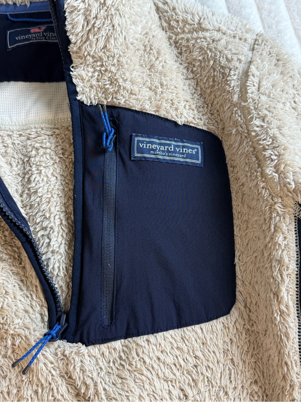 Vineyard Vines Shep & Ian Fleece Tan Navy Quarter Zip Pullover Jacket XS - Picture 5 of 8